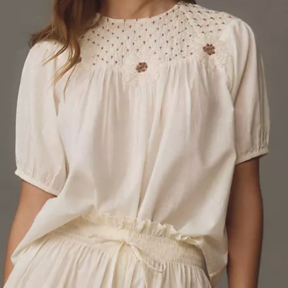 - Anthropologie Short-Sleeve Embroidered Pullover Top